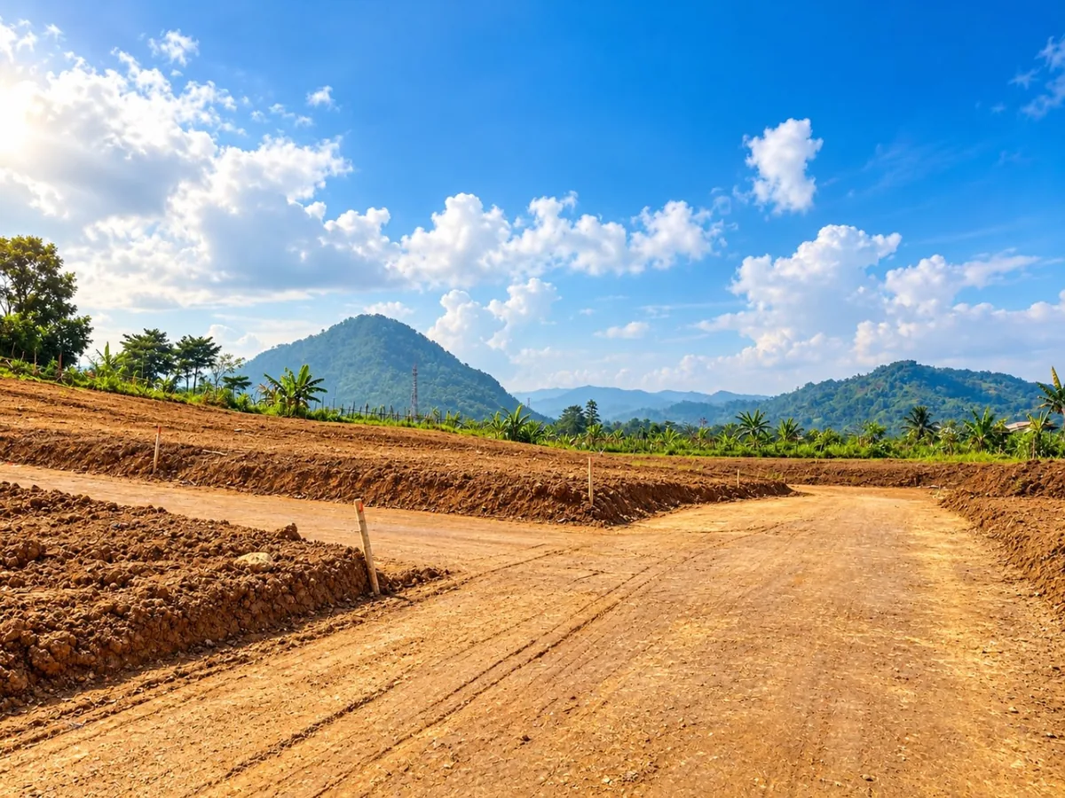 Foto aktual jalan tanah dan panorama bukit Sukamakmur di Harmoni Hanjawong Village