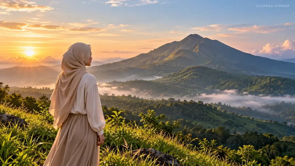 Ilustrasi panorama pegunungan dengan view Gunung Hanjawong